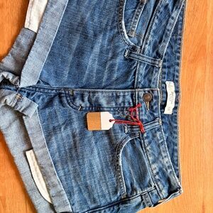 denim shorts, upscale, one of a kind by artist, Jeanne Prom manufactured by Ambe